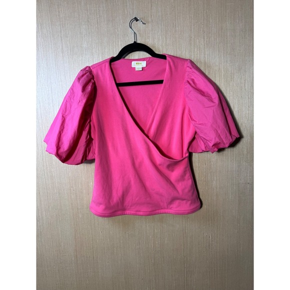 Maeve Anthropologie Pink Wrap Top Puff Short Sleeve Blouse Womens Size Medium - Picture 1 of 5